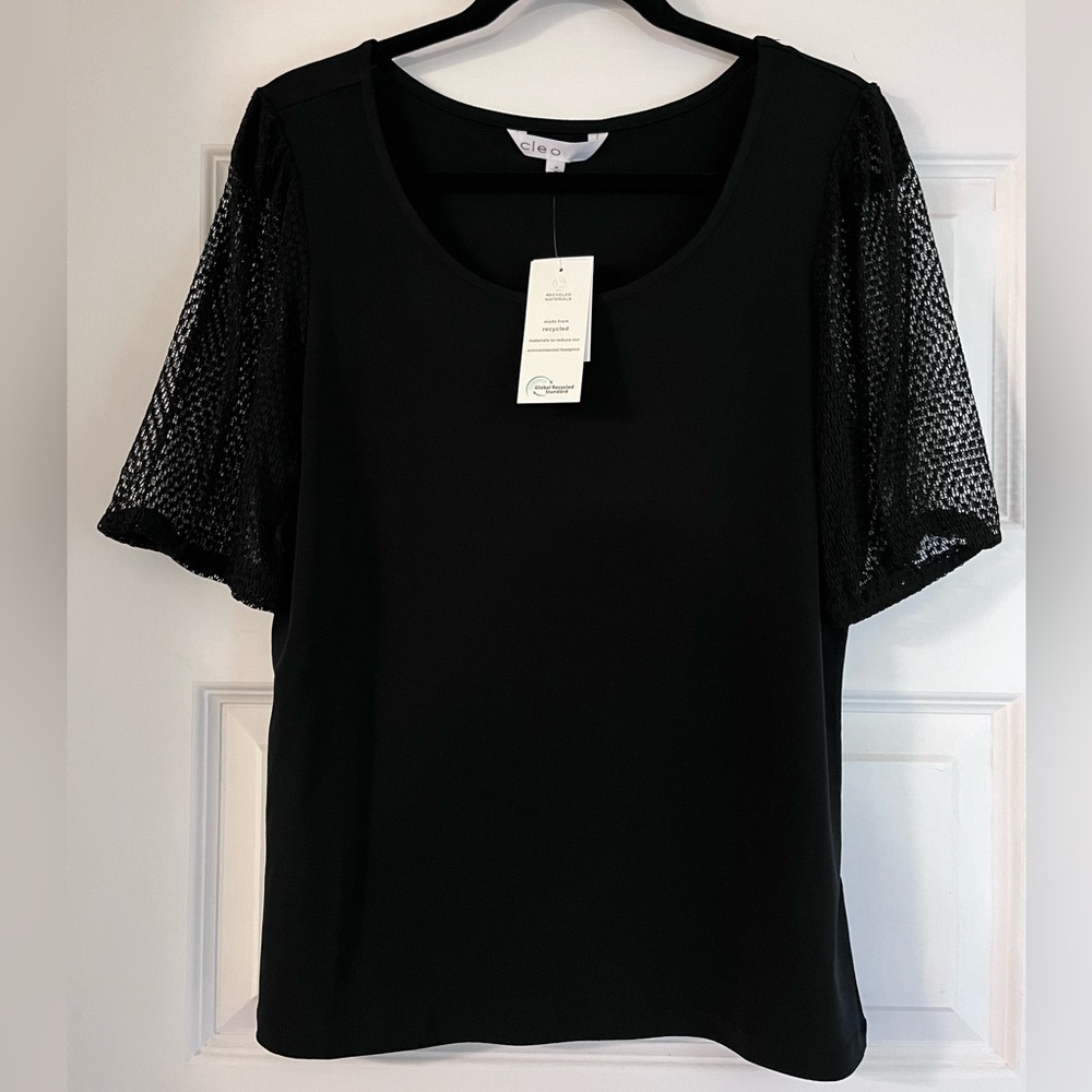 Cleo | Elegant Black Top with Mesh Sleeves (M)
